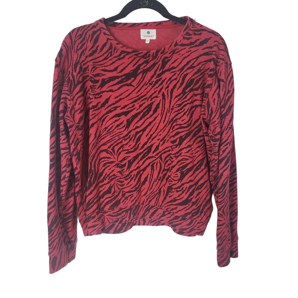 Sundry Pullover Sweatshirt 1 Womens Red Black Animal Print Long Sleeve Crew Neck